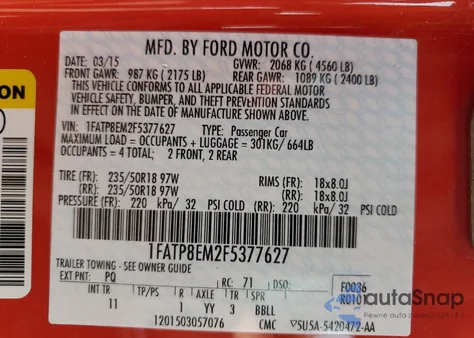 2015 Ford Mustang from USA, damaged, VIN 1FATP8EM2F5377627